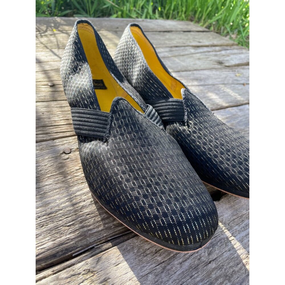 Vintage 1960s Glam Heeled Womens Slipper Black Gold Wellco Sz 11 NOS Wellco - Picture 13 of 15
